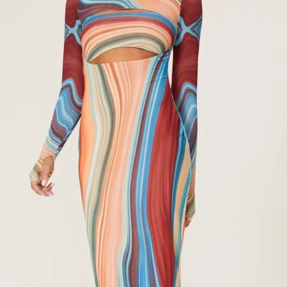 AFRM Revolve Matera Swirl-Striped Maxi Dress in Blue Abstract NWT Small - Picture 5 of 12